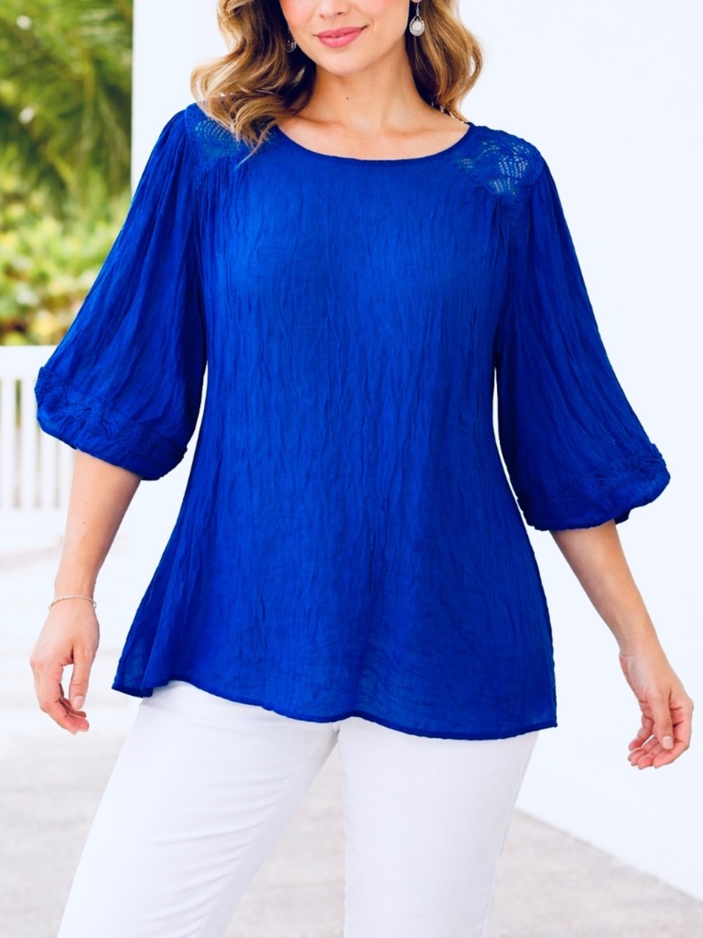 Zac & Rachel 3X Royal Blue Shimmer Tunic Blouse Lace Accent Sheer NEW